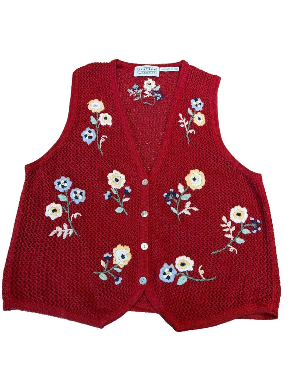 VTG 90s Jantzen Women’s Hand Embroidered Sweater Vest Size 2XL Red Open Weave